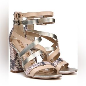 Sam Edelman Yema Ankle Strap Heels Golf Beige White Snake Skin Block Heel Size 7